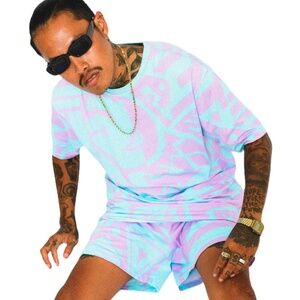 Bam-Bam Designer Pastel Bamboo T-Shirt — Tribal Pattern Print All Over — Men XL